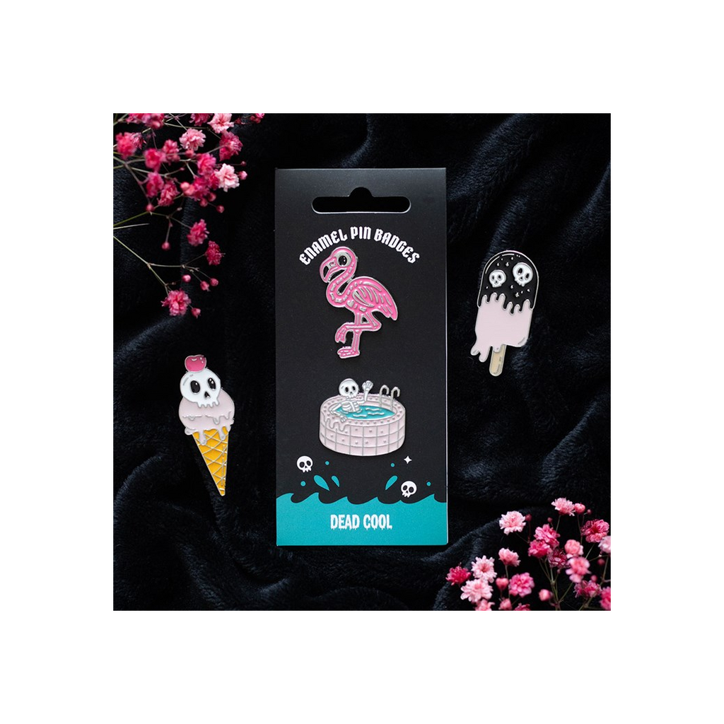 Dead Cool Skeleton and Flamingo Enamel Pin Badges