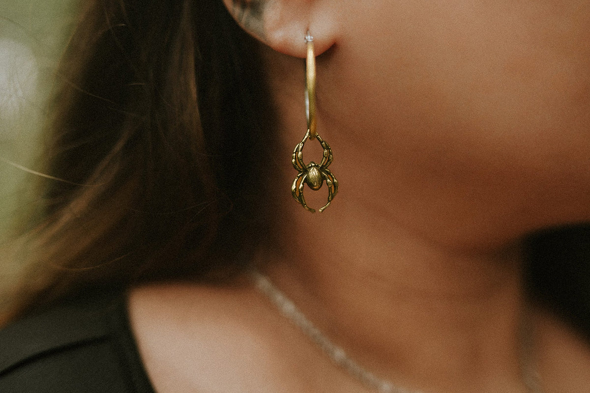 Gold Orb Weaver Spider Hoop Earrings