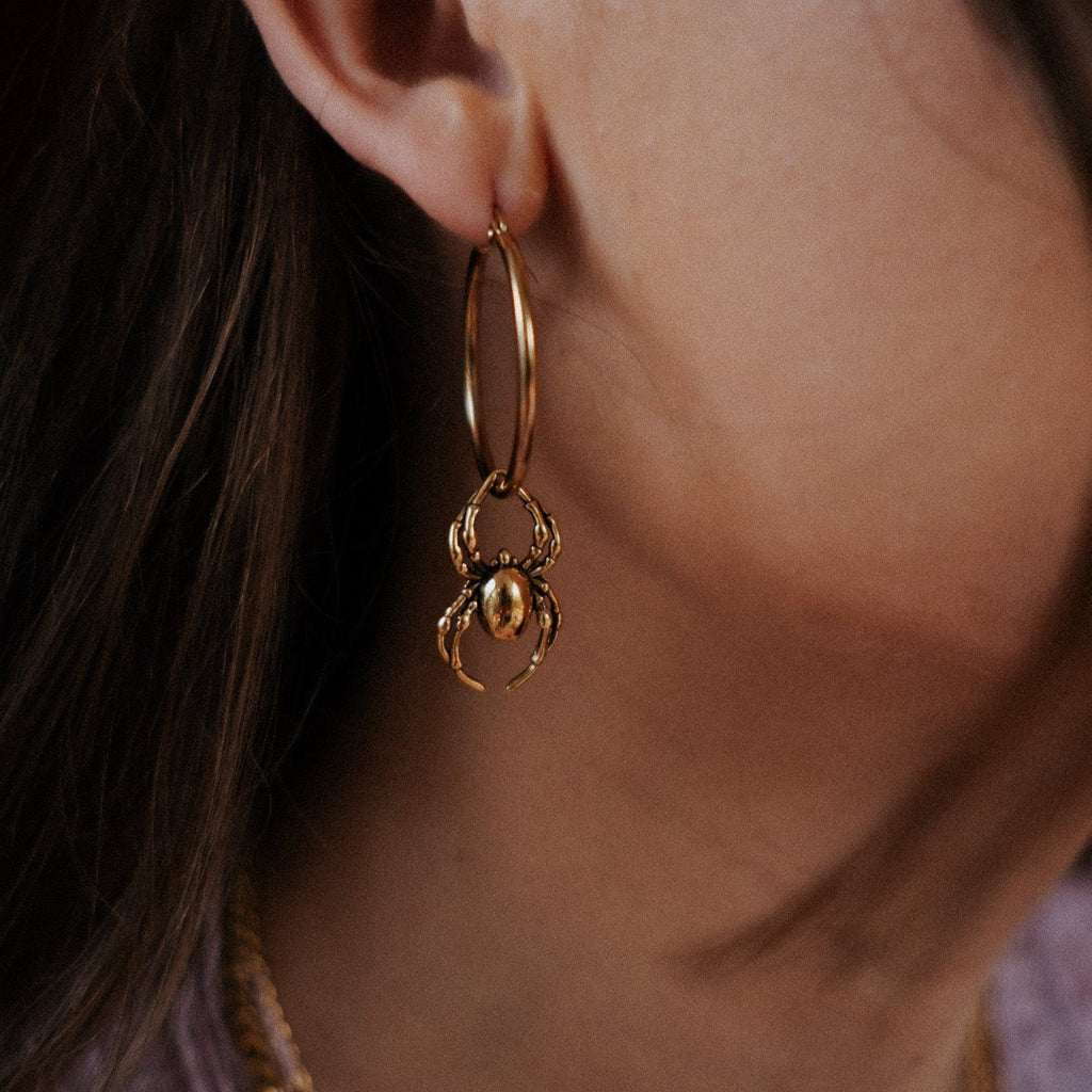 Gold Orb Weaver Spider Hoop Earrings
