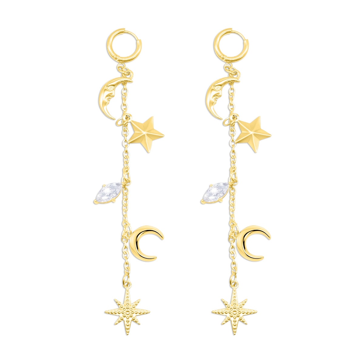 Gold Cassiopeia Star and Moon Earrings