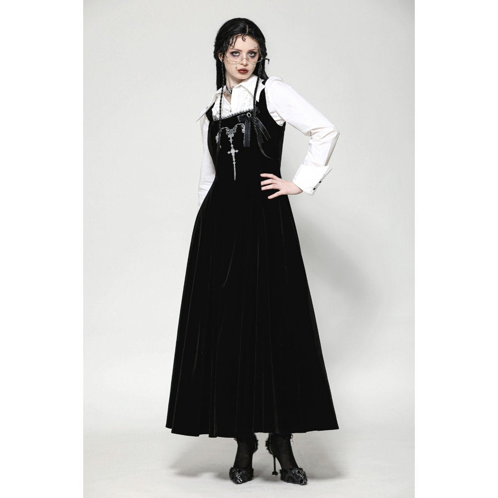 Dark in Love Lux Black Velvet Horn Embroidery Maxi Dress