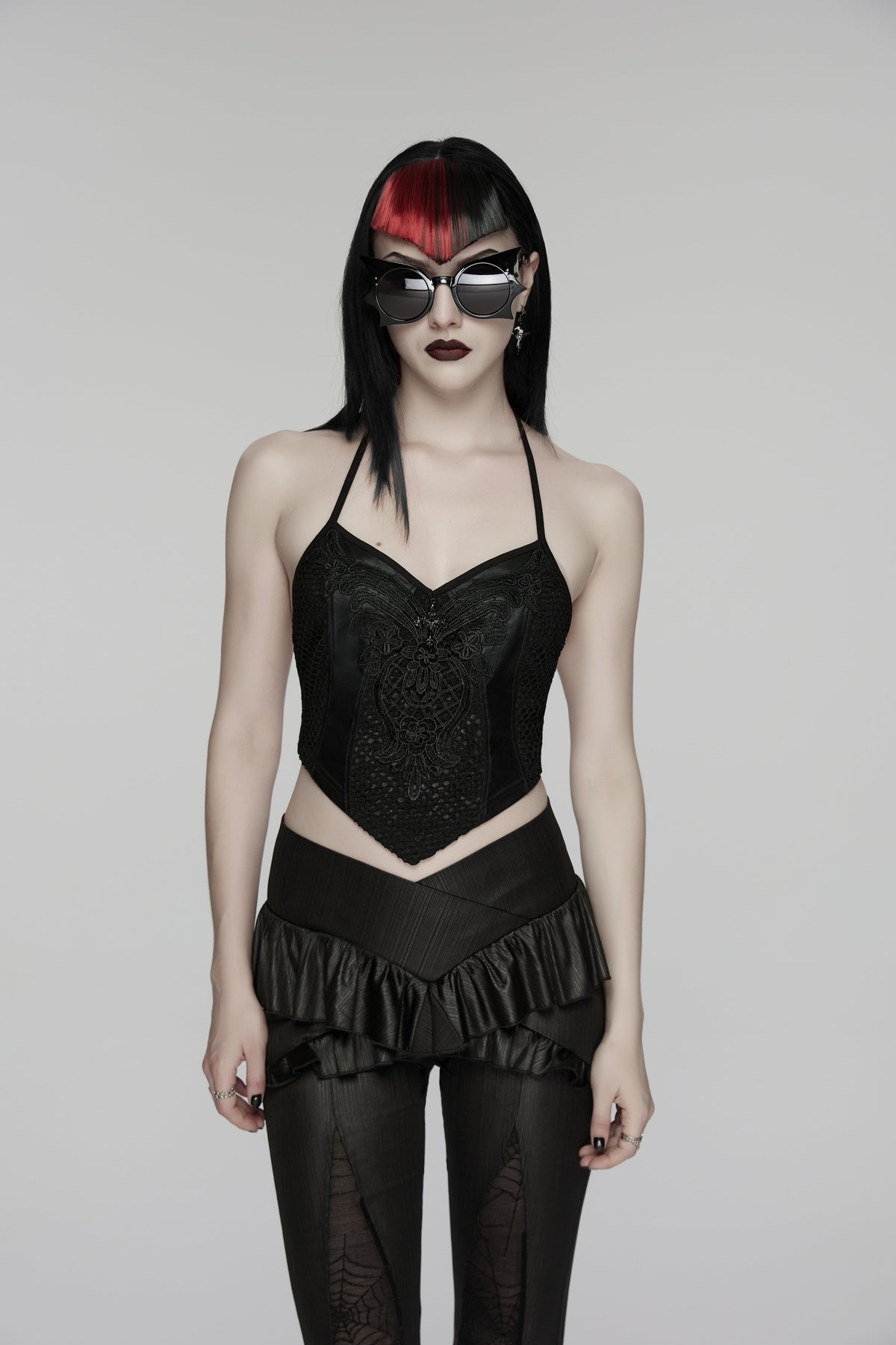 Punk Rave Goth Camisole Top with Feature Embroidery and Tie Back