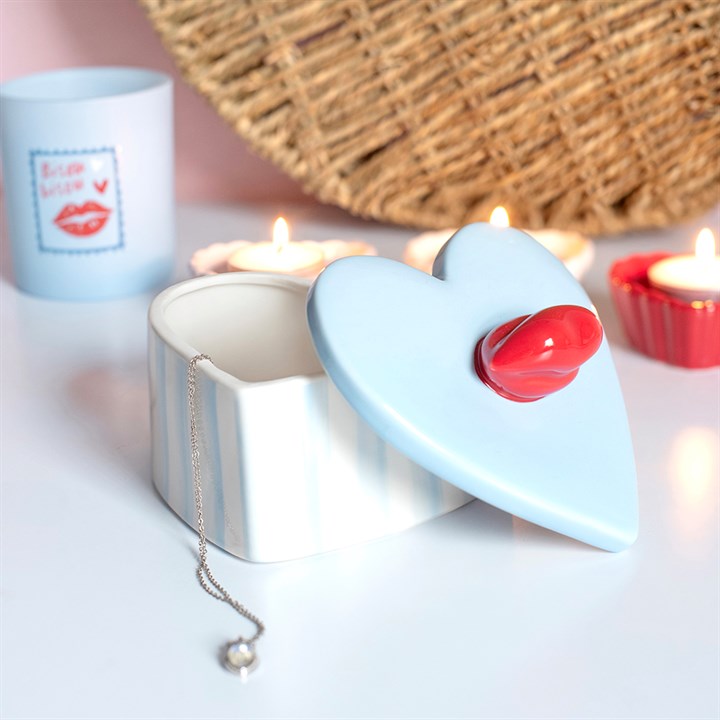 Striped Heart Shaped Trinket Box with Lips