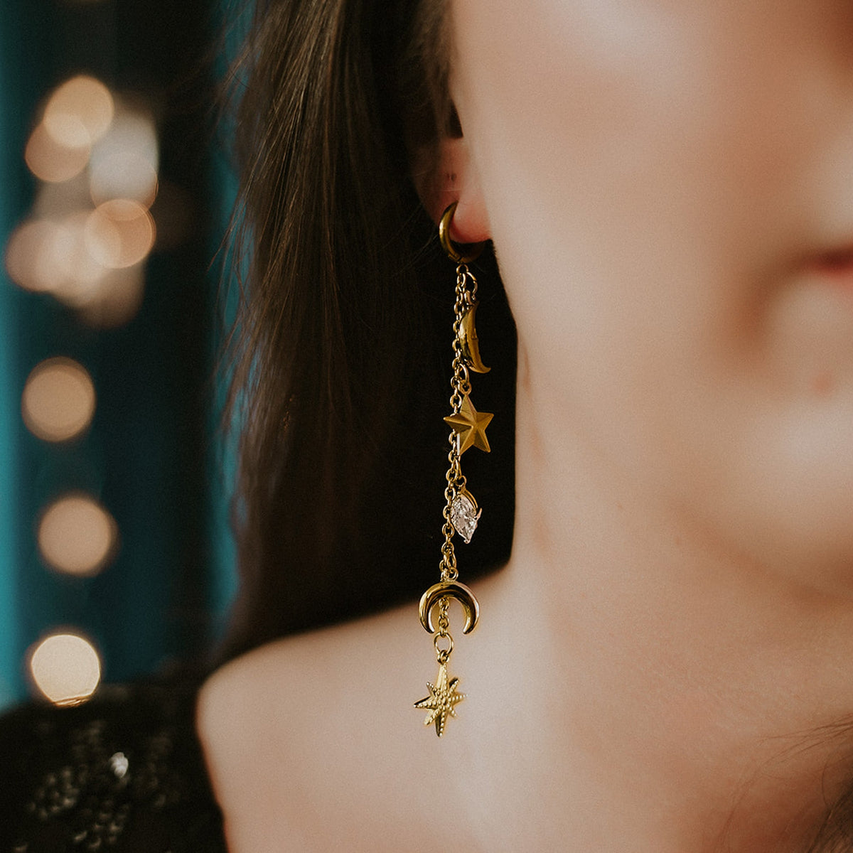 Gold Cassiopeia Star and Moon Earrings