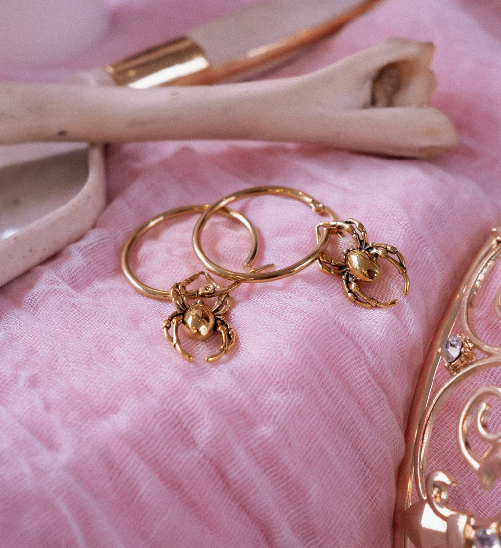 Gold Orb Weaver Spider Hoop Earrings