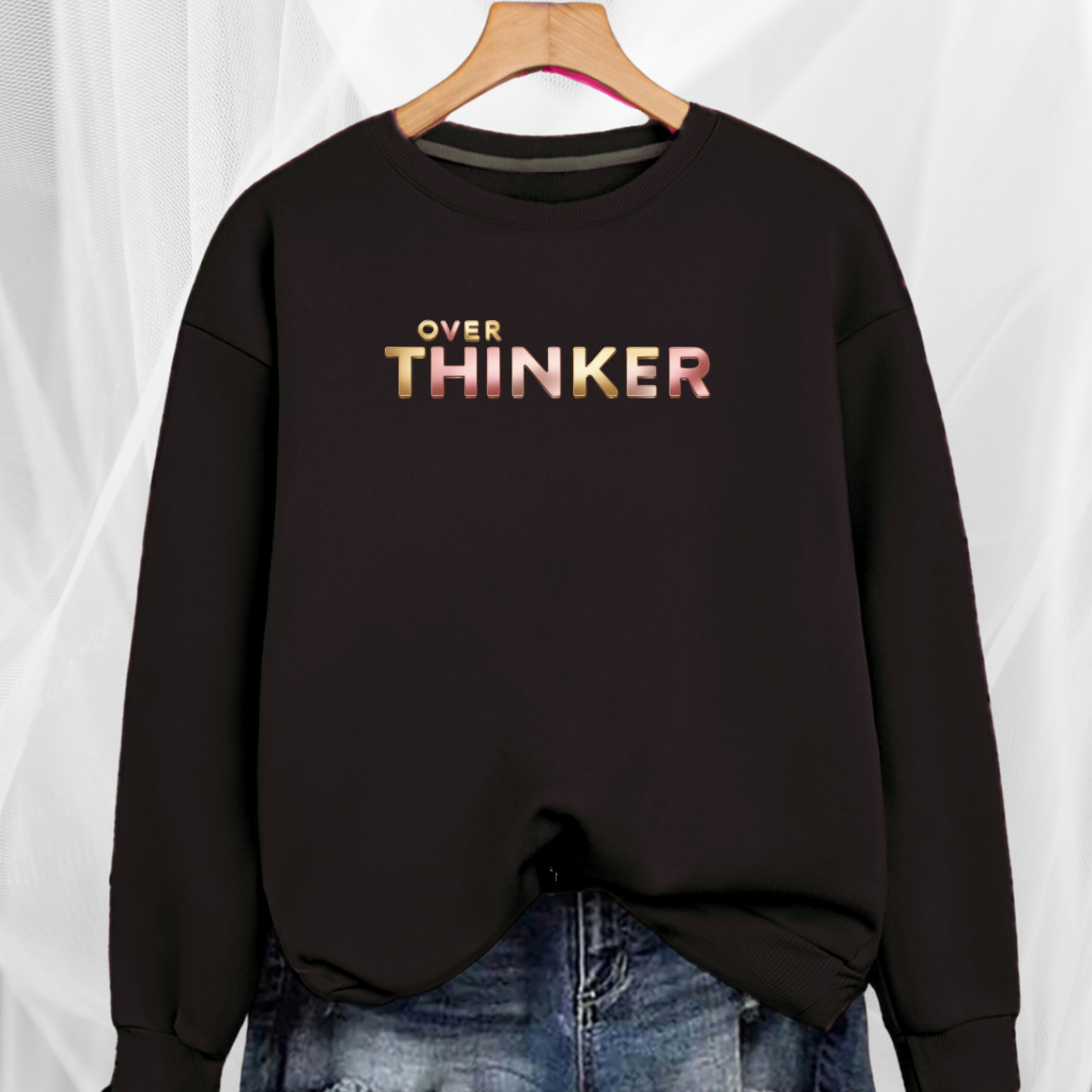 Long Cotton Sweatshirt with “Over Thinker” Logo