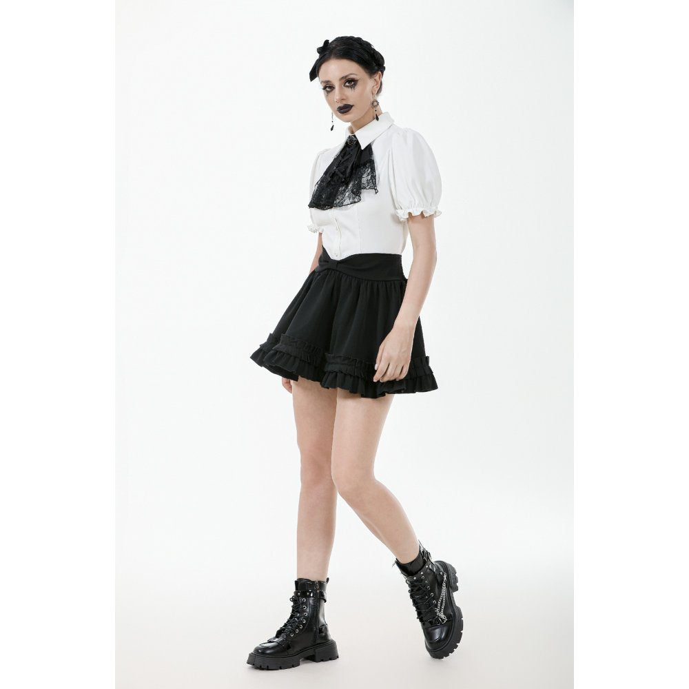 Dark in Love Elysia Ruffle Bib Puff Sleeve Goth Blouse in White