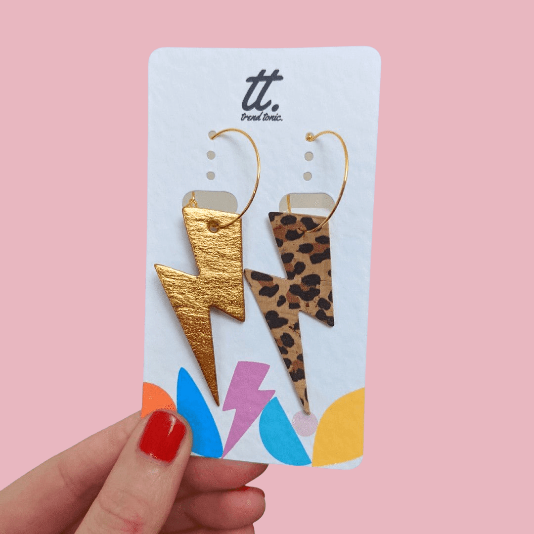 Gold and leopard lightning bolt earrings