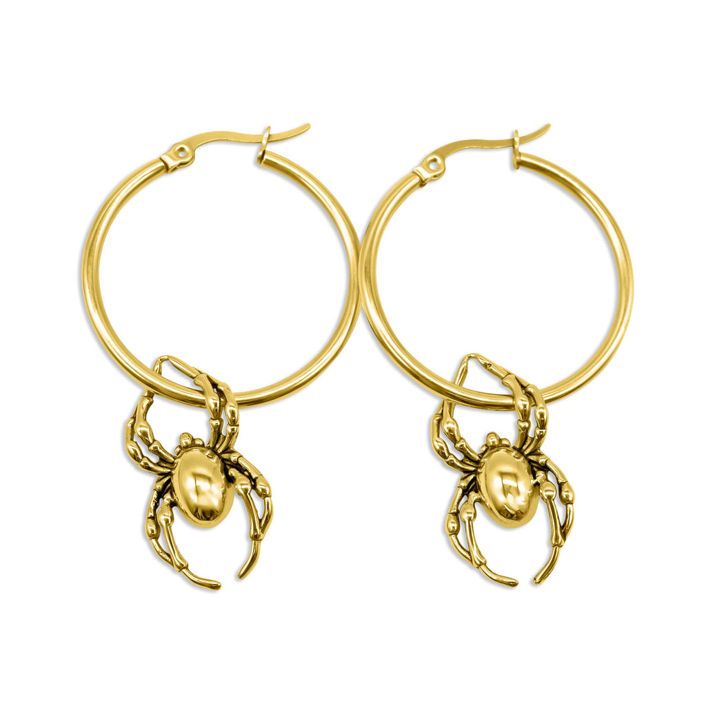 Gold Orb Weaver Spider Hoop Earrings