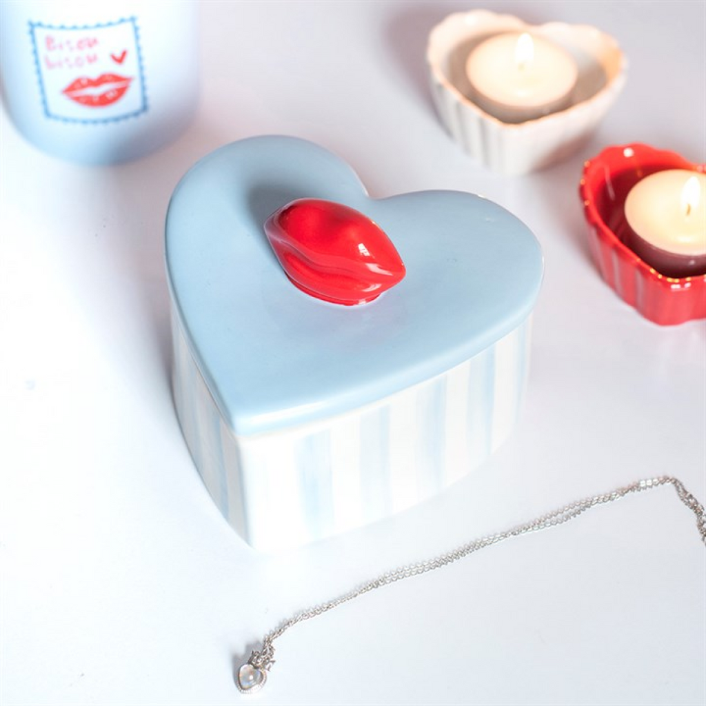 Striped Heart Shaped Trinket Box with Lips