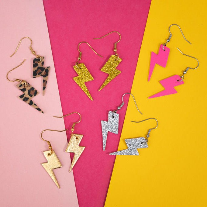 Mini neon pink cork lightning bolt earrings