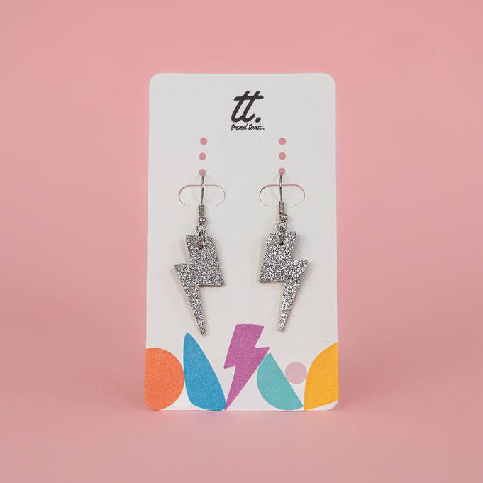 Mini silver glitter lightning bolt earrings