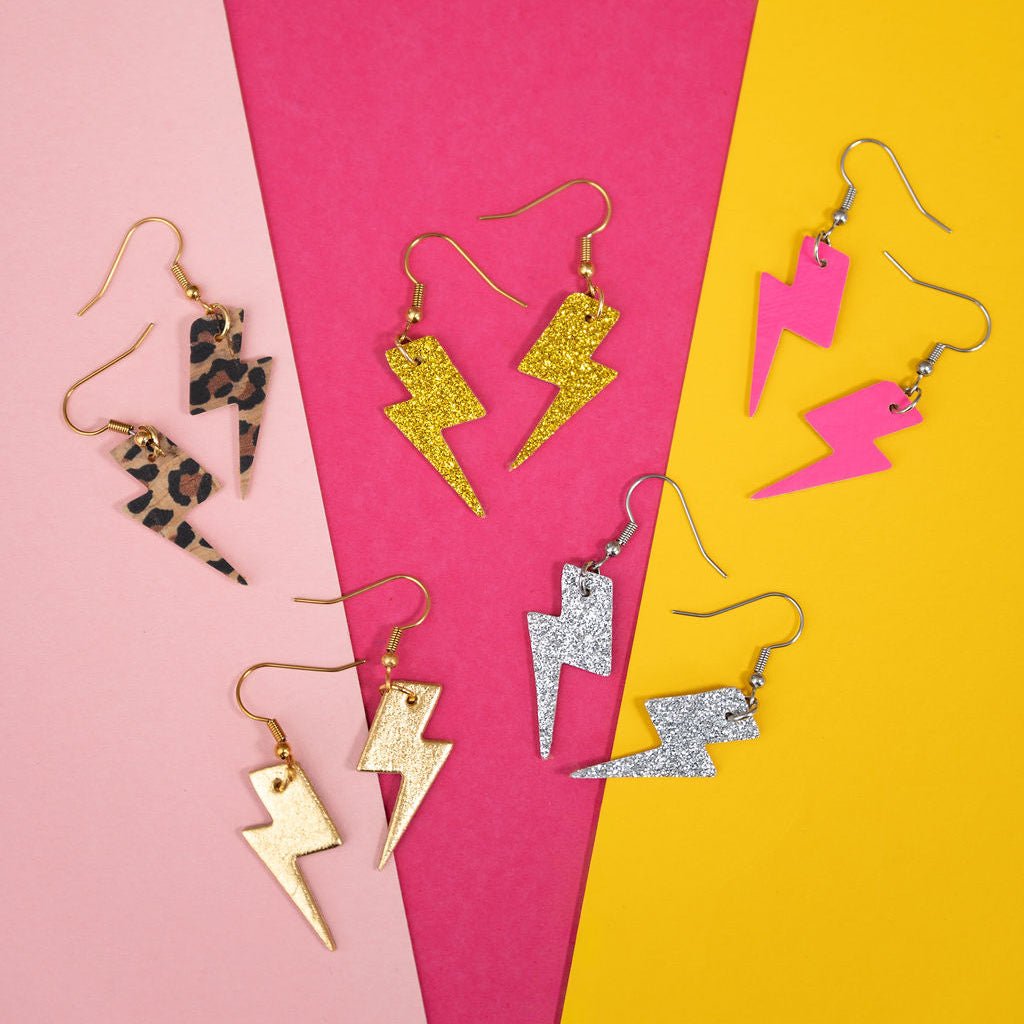 Mini neon pink cork lightning bolt earrings