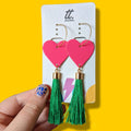 Neon pink heart and gold green tassel earrings
