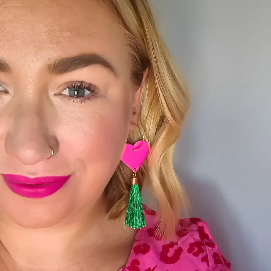 Neon pink heart and gold green tassel earrings