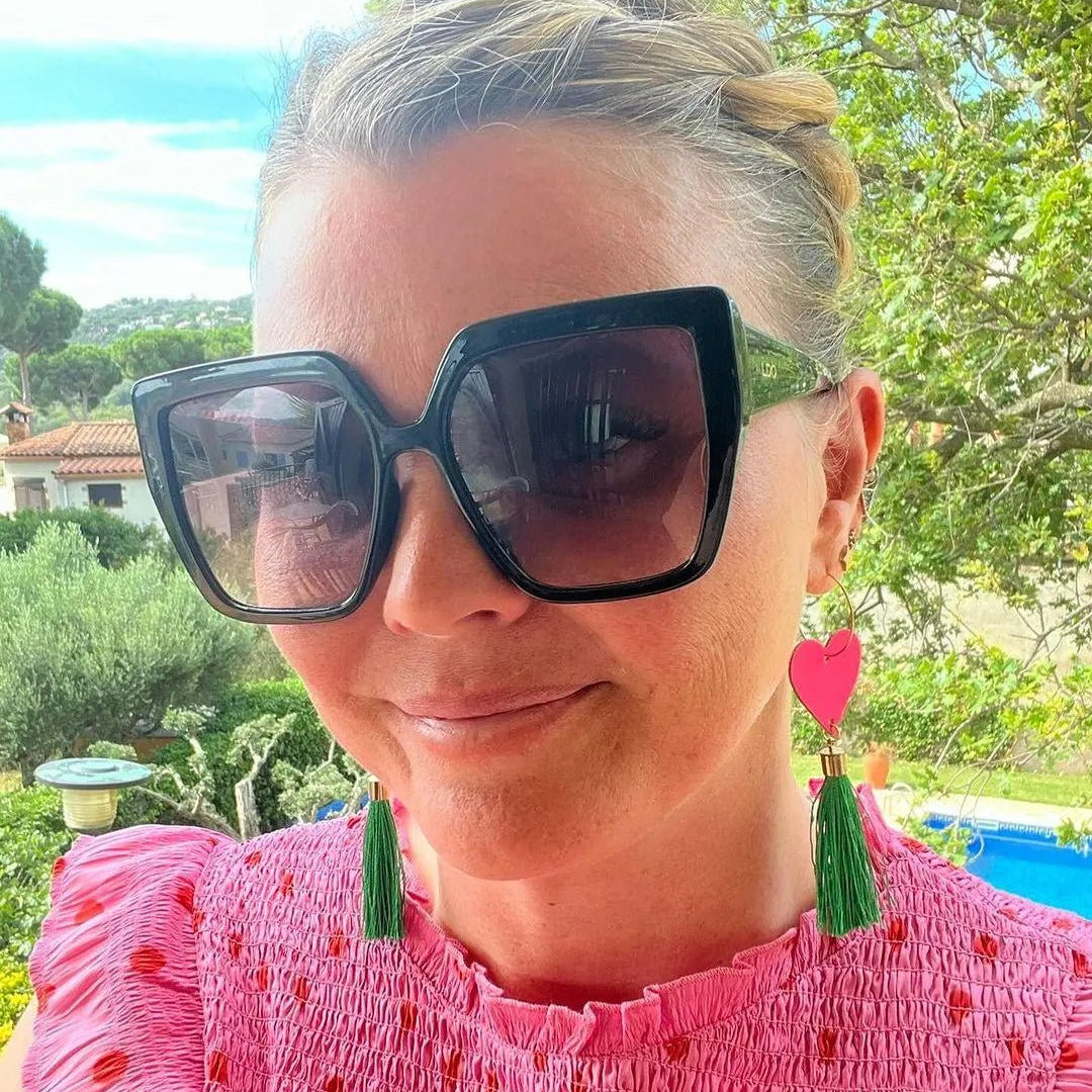 Neon pink heart and gold green tassel earrings