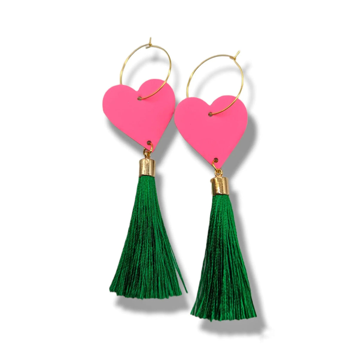 Neon pink heart and gold green tassel earrings