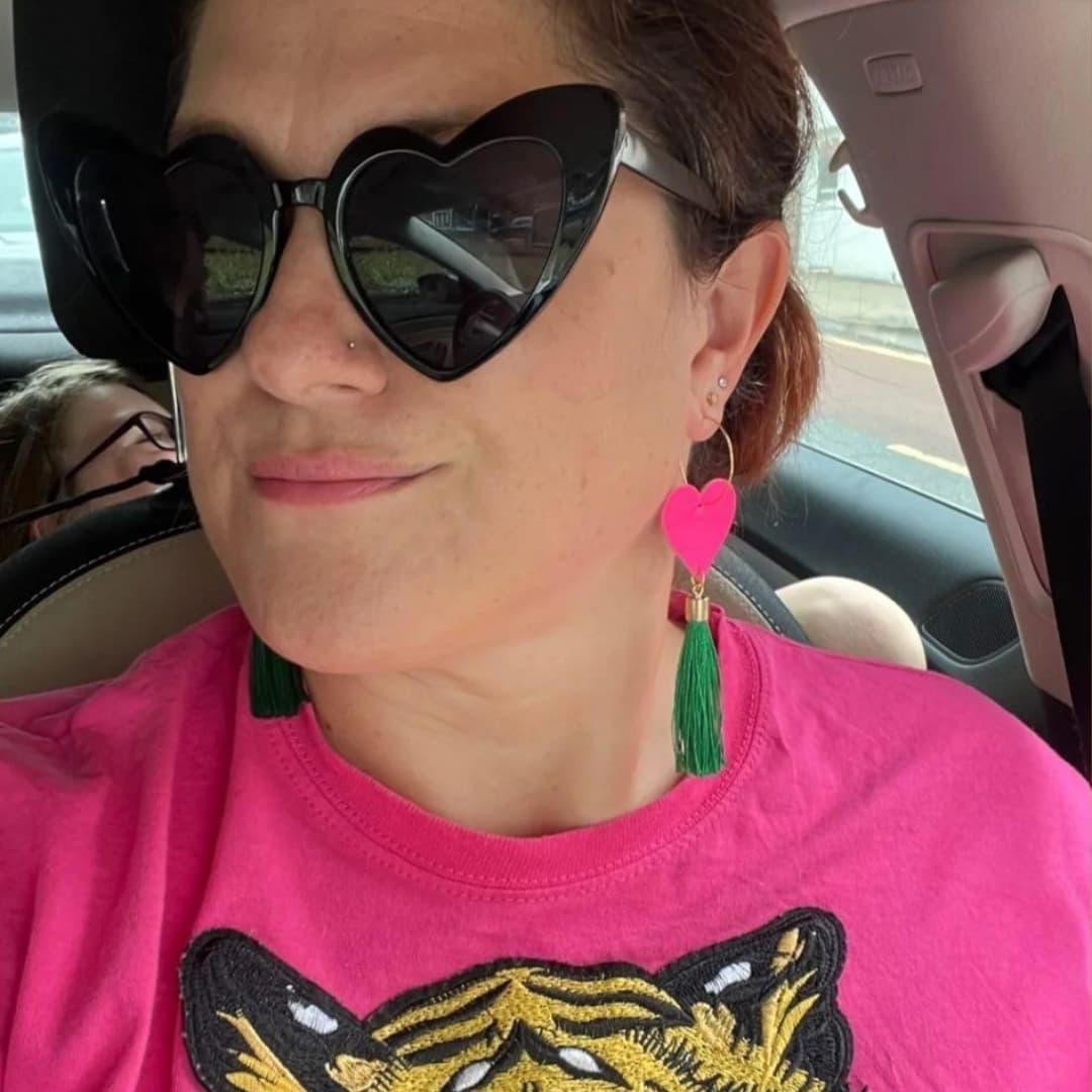 Neon pink heart and gold green tassel earrings